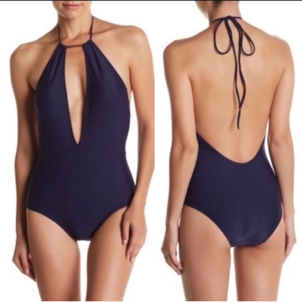Ted Baker London Navy Halter Plunge One-Piece Swimsuit